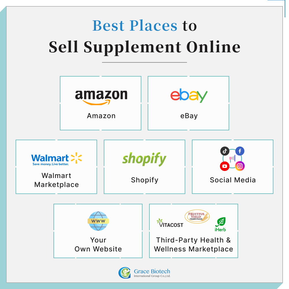 The best places to sell supplements online include Amazon, eBay, Shopify, Walmart Marketplace, Social Media, your own website, and third-party health and wellness marketplaces
